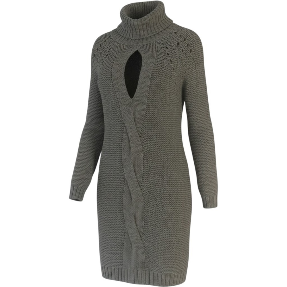 Venus Gray Cable Knit Turtleneck Sweater Dress Keyhole Cutout Size M LKZ 6-40143